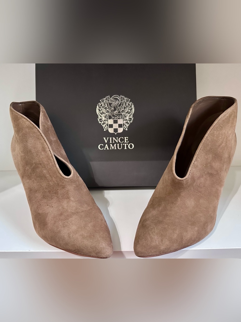 Vince Camuto Taupe Suede V-Cut Ankle Booties